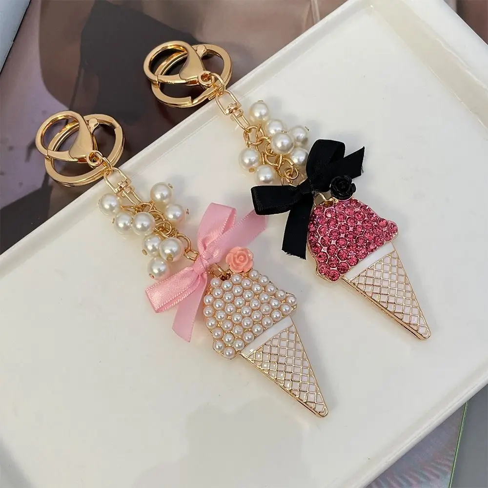 Creative Pearl String Ice-cream Car Keychain Exquisite Korean Version Car Metal Key Ring Fashionable Simple Bag Pendant Women