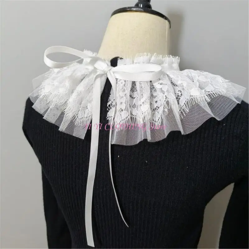 N5KF Vintage Victorian Layered Lace Trim Detachable Collar Costume Accessory For Themed Event Halloween Cosplay Parties