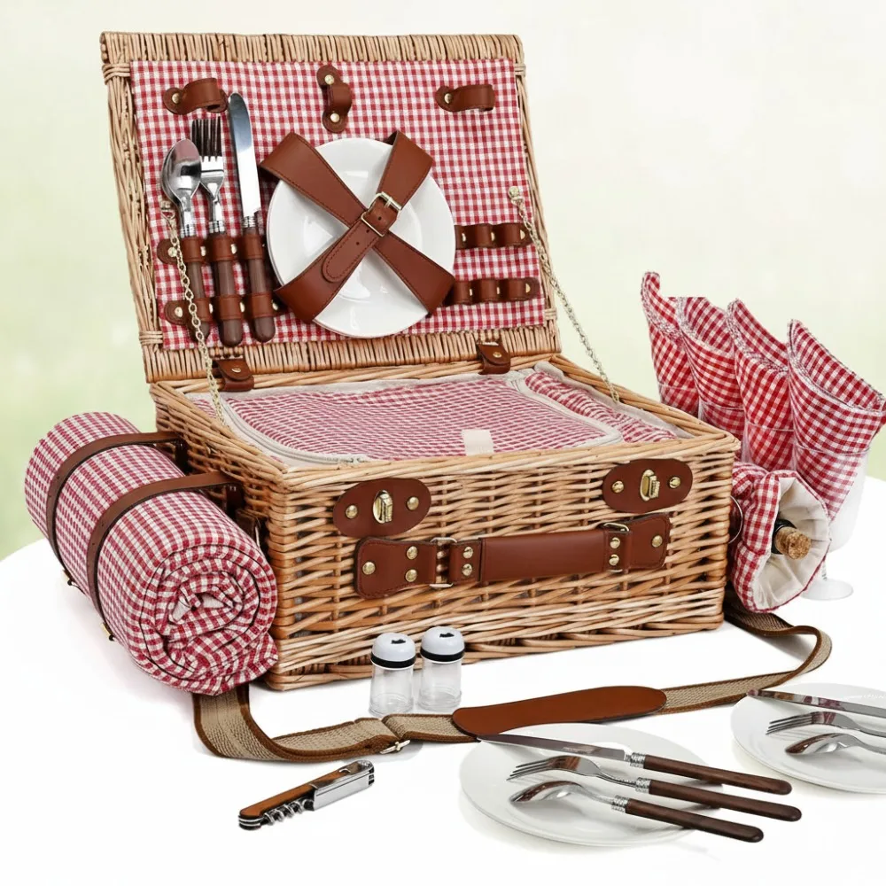 

4-Person Wicker Picnic Basket with Insulated Cooler & Wine Pouch - Perfect for Camping, Weddings & Family Outings
