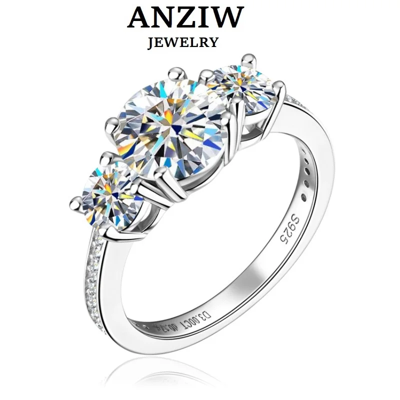 Anziw 3-stone Real 3.6CT Moissanite Wedding Rings for Women 100% S925 Silver Engagement Promise Band Fine Accessories Jewelry