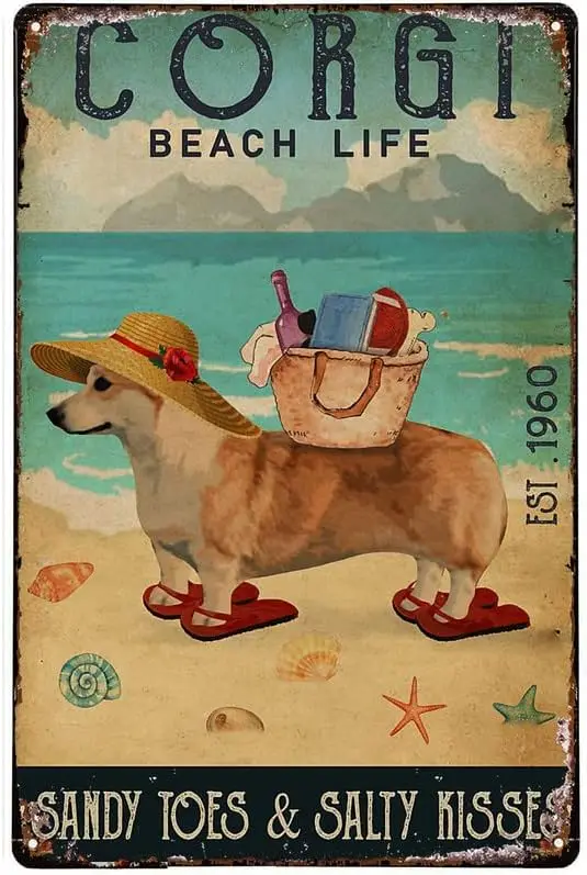 Beach Sign Metal Sign Beach Life Sandy Toes Corgi Metal Tin Sign - Use Indoor/Outdoor - Funny Gift and Decor for Lake, Pool sign