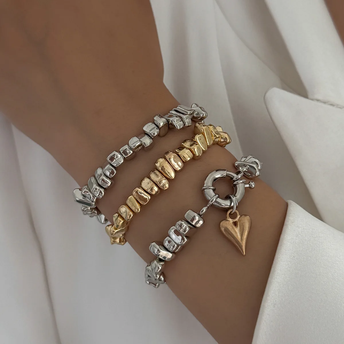 Vintage Irregular CCB Beads Heart Shaped Pendant Bracelet Set for Woman Unique Design Fashion Stackable Bracelets Jewelry Gift