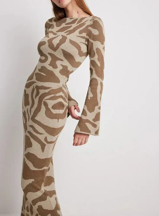 Summer Women Striped Knitted Maxi Dress Elegant O-neck Flare Long Sleeve Bodycon Dress Ladies Fashion Streetwear Party Dresses