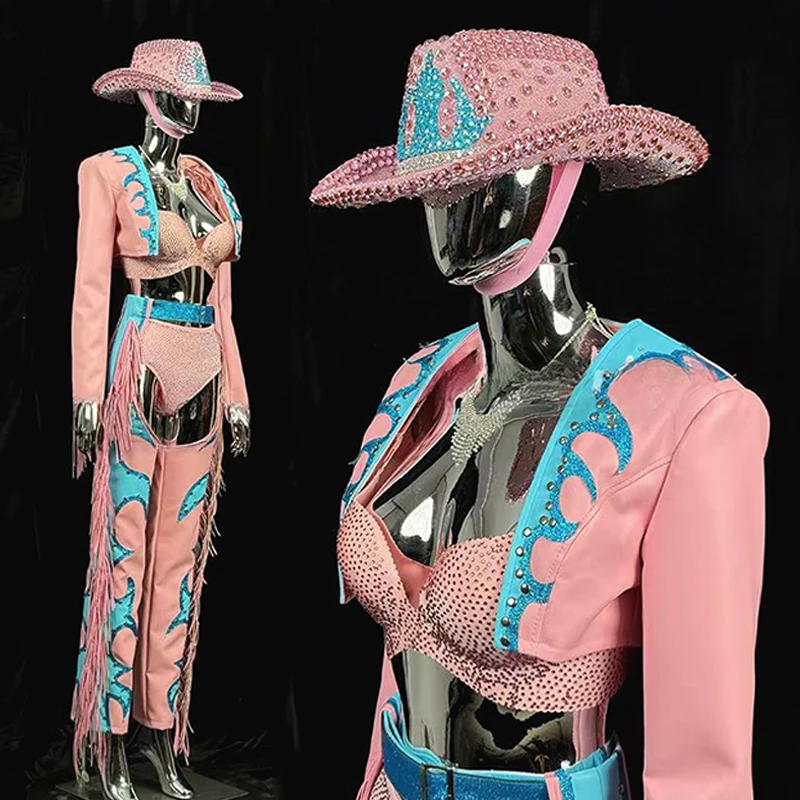 Pink Western Cowboy Suit Rhinestone Sexy Gogo Nightclub Performance Costume Festival Party Show Outfit Carnival Clothes VDL2280