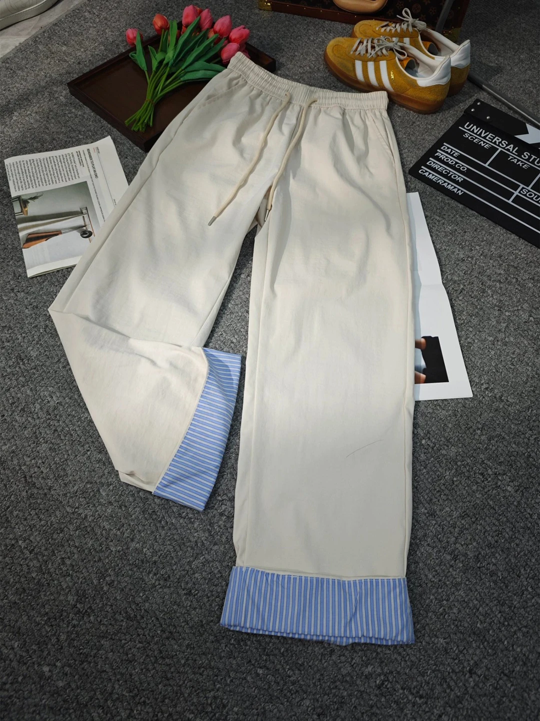 

Summer Thin Wide Leg Pants Men's Casual Straight Leg Trousers Cleanfit American Cool Feeling Loose Fit Long Pants Plaid Patch...