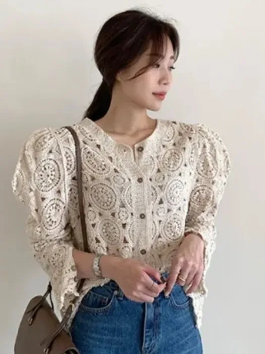 Chic Vintage Ethnic Sle round Ne Hollow out Long Sve Knitted Open Cardigan Women's Faion Spring n Loose Fit
