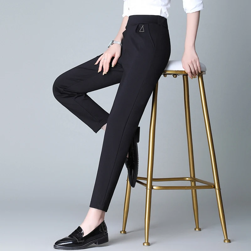 Pantalones rectos informales para mujer, pantalón de cintura alta y elástica, color negro, versión coreana, alta calidad, primavera y otoño, 2023