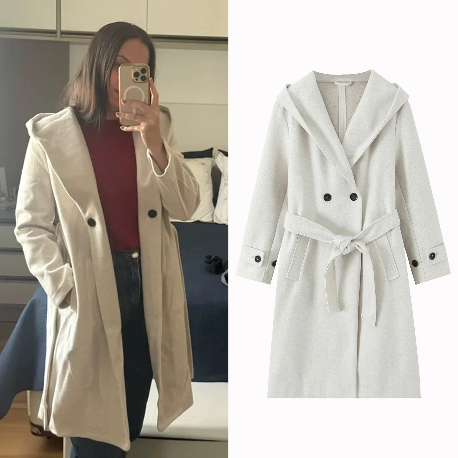 

Зимняя женская толстовка с капюшоном, свободное пальто с поясом, халат, стильный однотонный двубортный халат с длинными рукавами, шикарное шерстяное пальто средней длины, уличная одежда