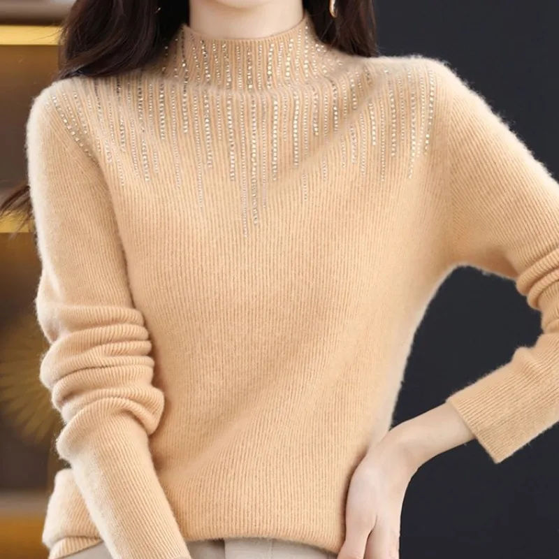 Autumn and Winter Women's Pullover Half High Neck Long Sleeve Slim Fit Solid Diamonds Knitted Bottom Fashion Casual Tops