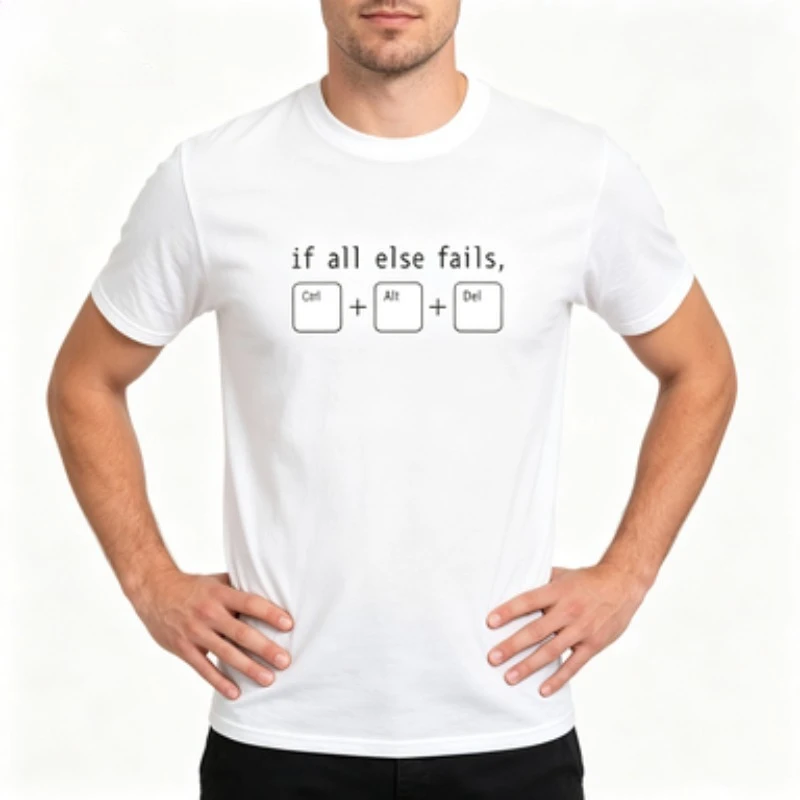 Men T‑Shirt If All Else Fails Ctrl Alt Del Graphic Crew Neck Short Sleeve Tee Casual Streetwear Tops For Tech Enthusiast Humor