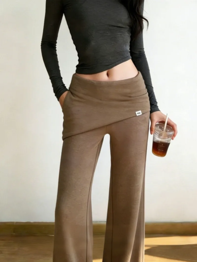 New Korean Fashion Casual Long Flare Pants Women Retro High Waist Loose Thin Splice Straight Trousers Solid Color