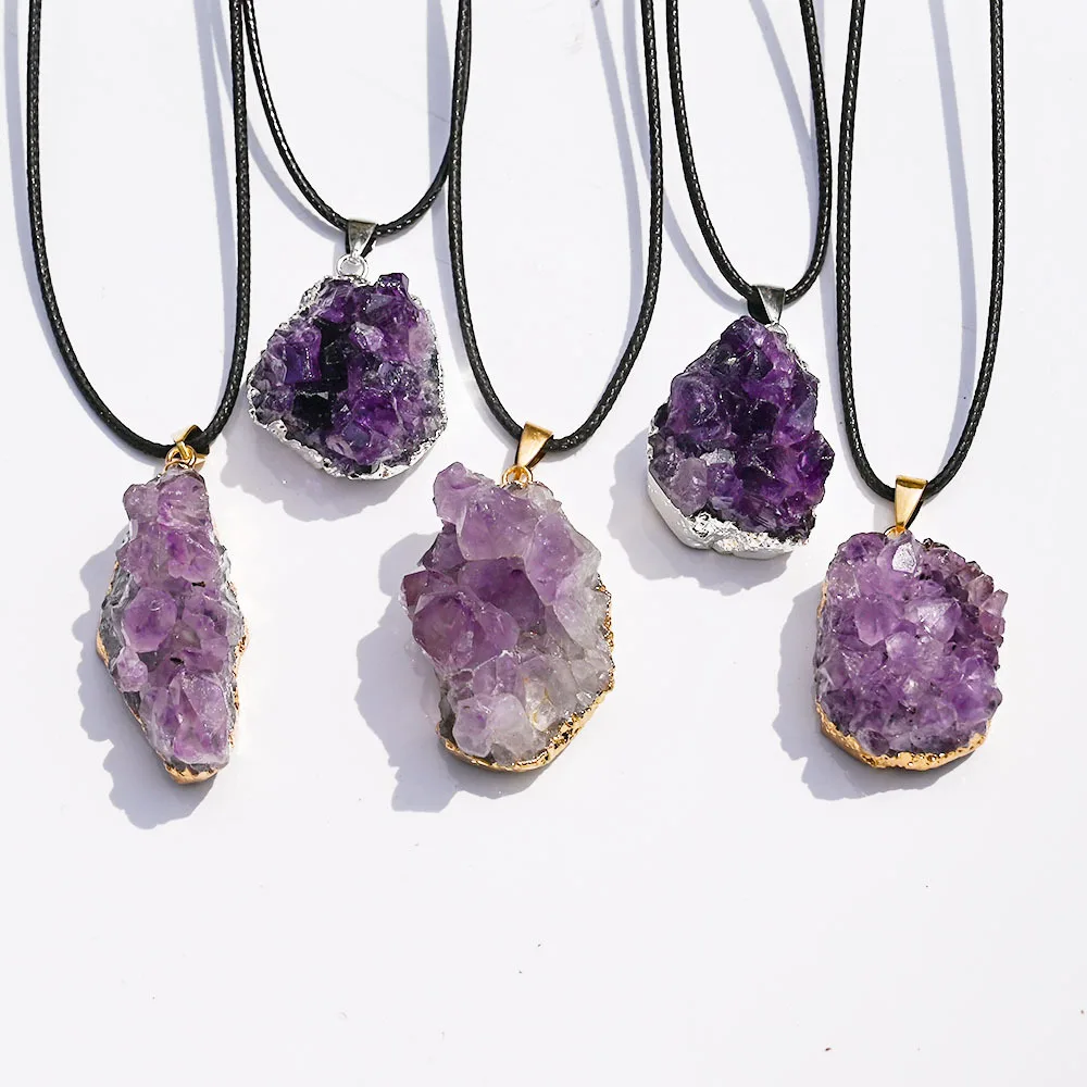Cross-border new products, natural amethyst cluster pendant, crystal bud cluster, rough stone necklace, raw ore bag, gold and si