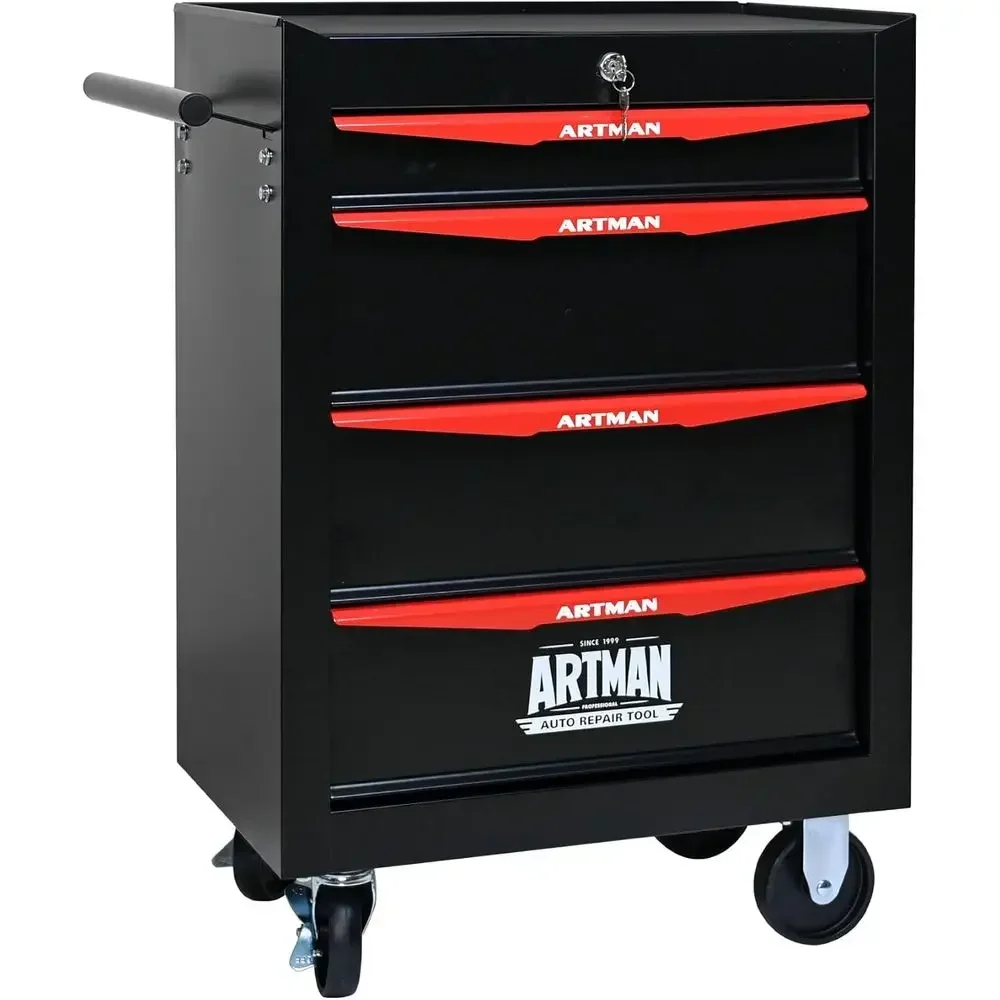 Heavy-Duty 4-Drawer Rolling Tool Chest with Locking Wheels & Ball Bearings, 30.5 H x 20.9 W x 13 D, Black Metal Tool Storage Cab