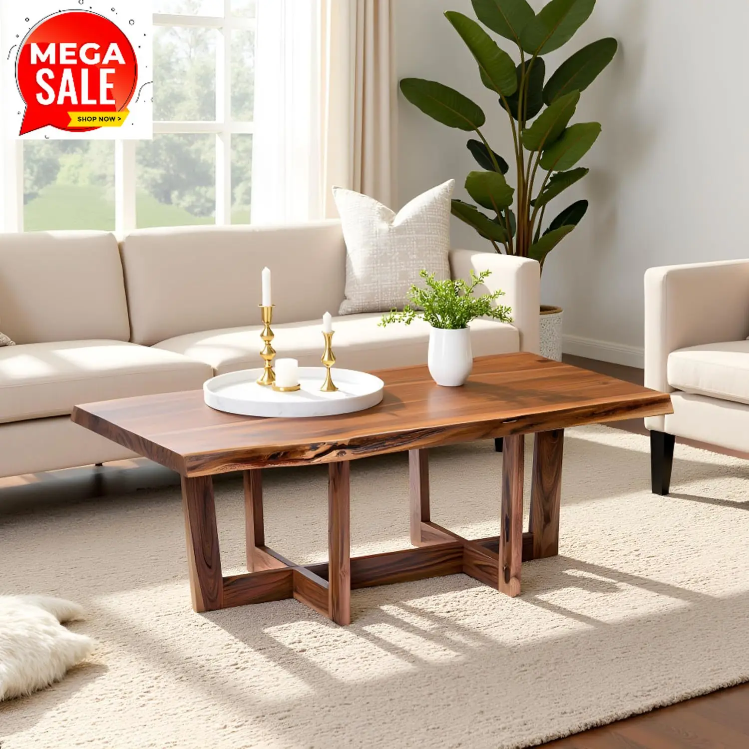 

Бестселлер: Кофейный столик из акации с необработанным краем, 48 дюймов, ручной работы, из натурального дерева, с защитой для пола – большой, современный, I