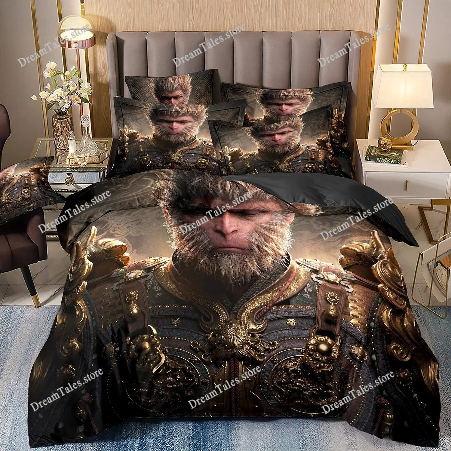 Game Characters Goku Bedding Set,Black Myth Wukong Bedding Set,Black 3D Printing Quilt Cover Pillowcase for Children and Adults