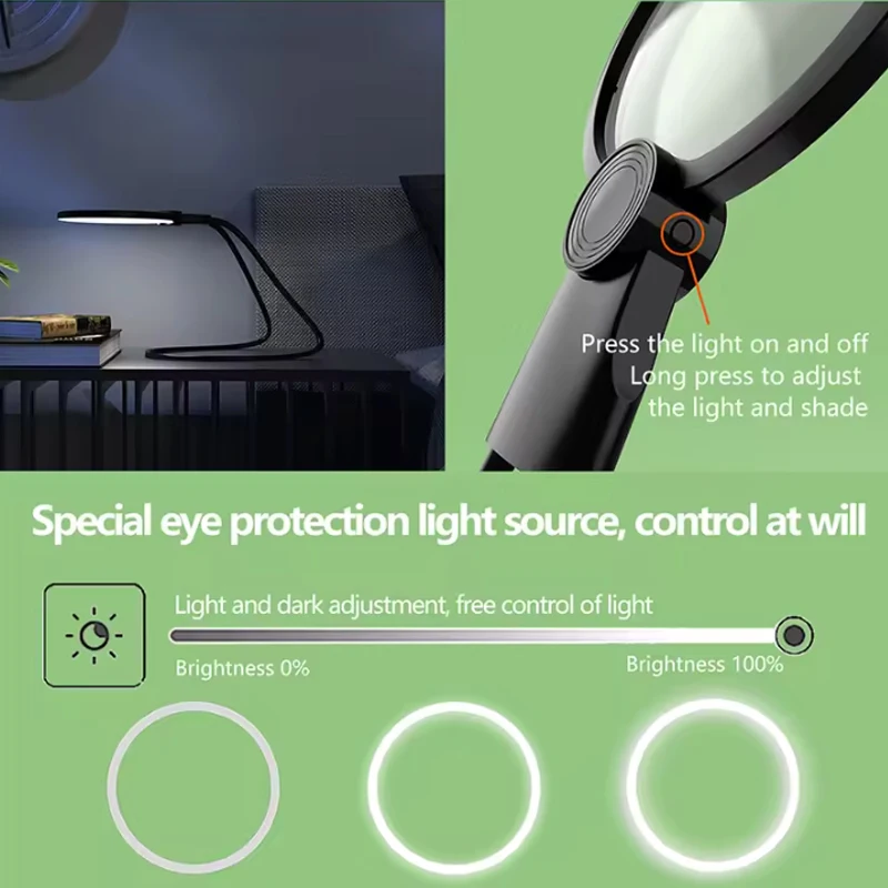 グースネック式フレキシブル拡大鏡、明るさ調整可能、高齢者向け、充電式、軽量