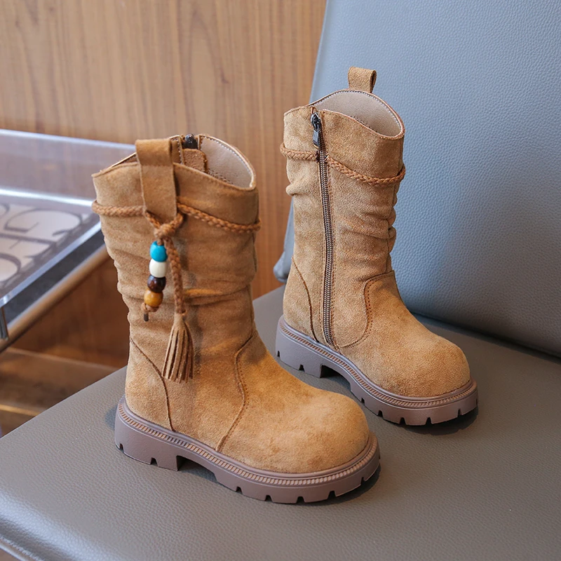 Girls Retro Style Beaded Boots in Autumn and Winter New Hot Fashion Children's Side Zipper Design Tassel Fashion Boots.