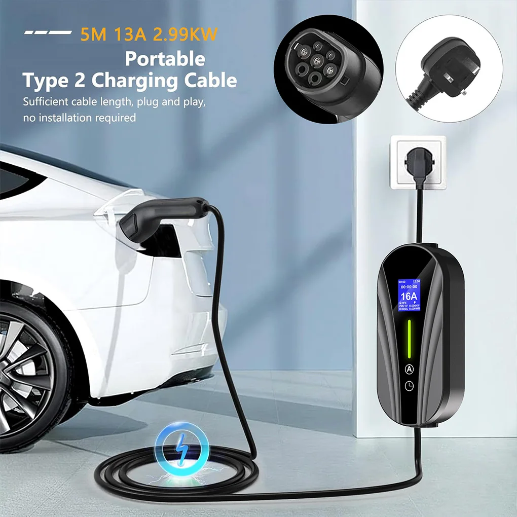 EV Charger 16A 3.5KW Type 2 ICE 62196-2 Charger with Screen Portable Charger EVSE UK Plug Flame Retardant Protect