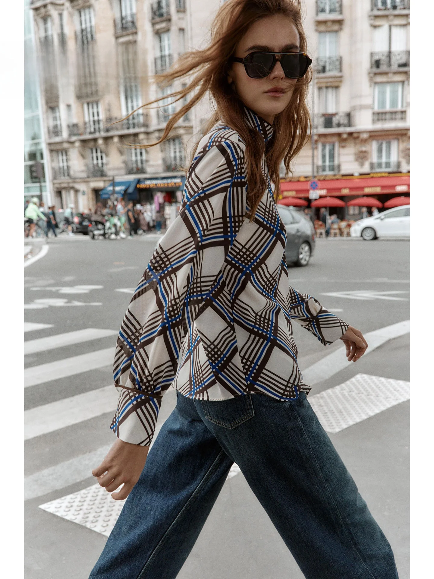 ZAPRHA Outono 2025 Loose Fit Xadrez Gola Alta Longa Sve irt Top de Emagrecimento Feminino Casual Sle Confortável Vestuário Fem