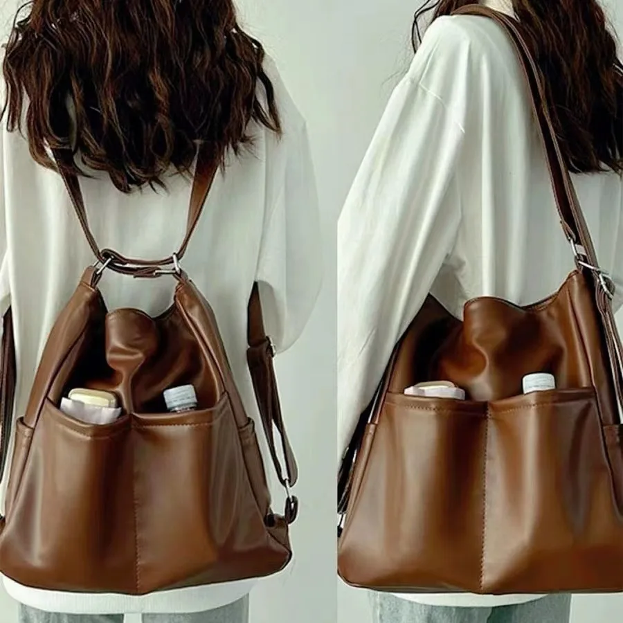 Soft PU leather backpack, women's large-capacity commuter tote bag, multi-functional hand-held crossbody schoolbag