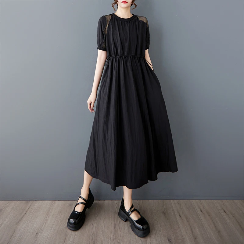 YZJNH 2026 Summer New Dress Women's Loose Dark Wind Mesh Irregular Splicing Dress Simple Large Size Dress Women