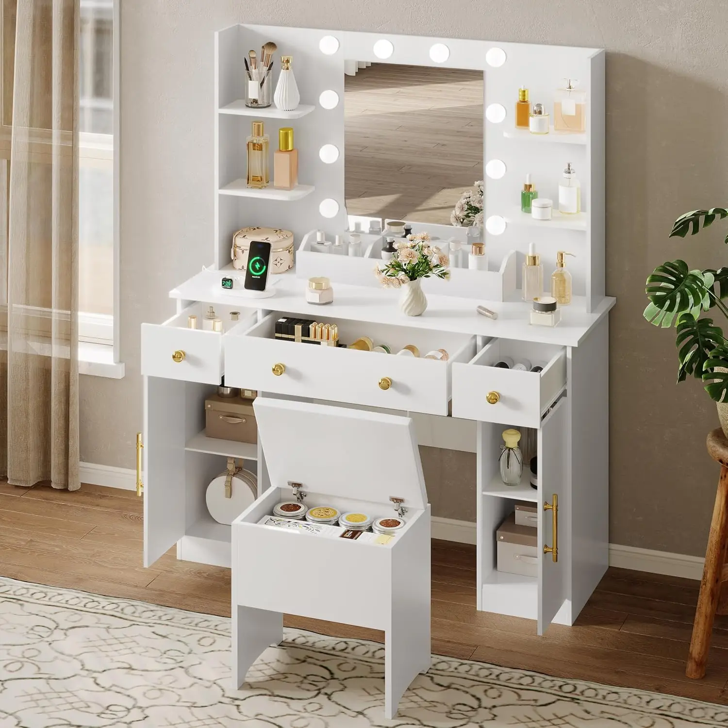 Vanity Desk with Mirror and Lights, Makeup Vanity with Charging Station & Vanity Stool, 3 Drawers and Cabinets White