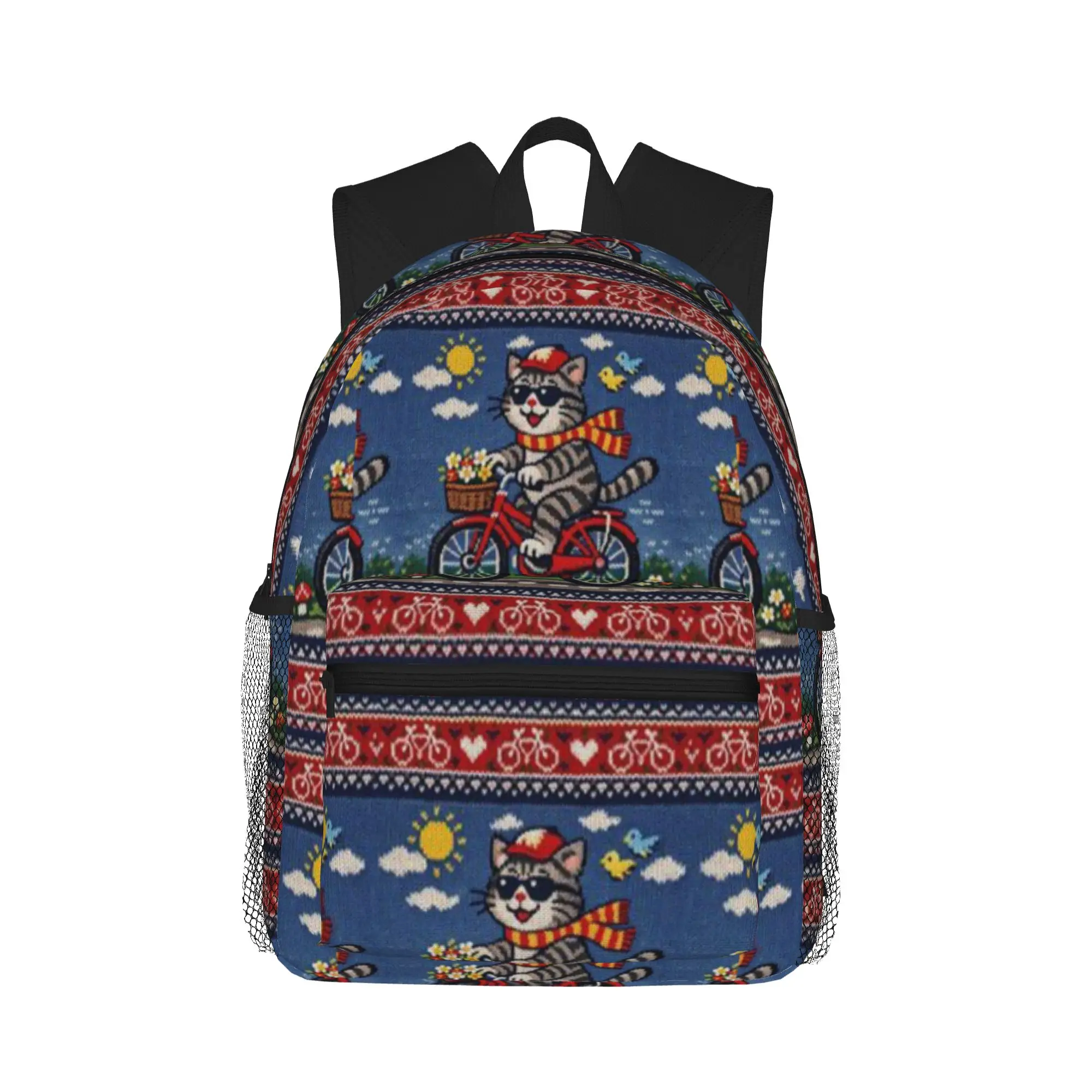 Cat riding a bicycle  funny knitted picture  Casual Backpack for Students and Adults Backpacks for women