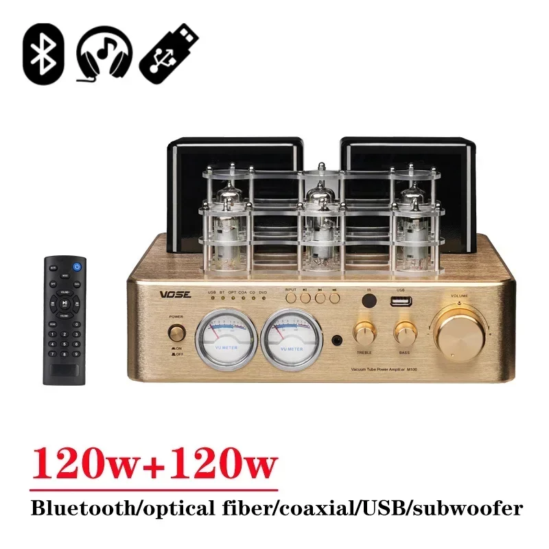 120w*2 6U1/6K4 Vacuum Tube Amplifier Headphone Amplifier Vu Meter Bluetooth 5.0 Usb Digital Optical Fiber Coaxial Subwoofer Amp