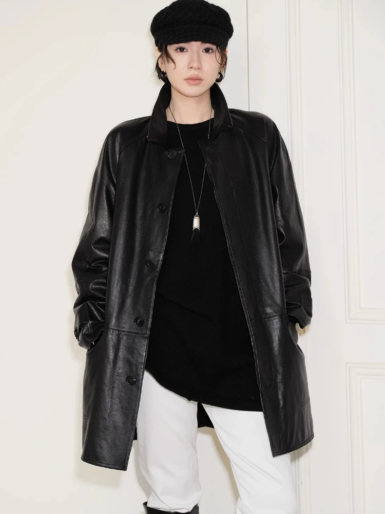 

Mid-length Genuine Leather Windbreaker Jacket Women Spring Autumn High-end Simple Single Breasted Soft Black Real Sheepskin Coat