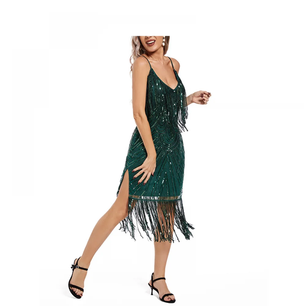 1920s Outfits Party Women's Sequins Tassel Dress V Neck Spaghetti Straps Glitter Sling Dress Cocktail Evening Clubwear Vestidos