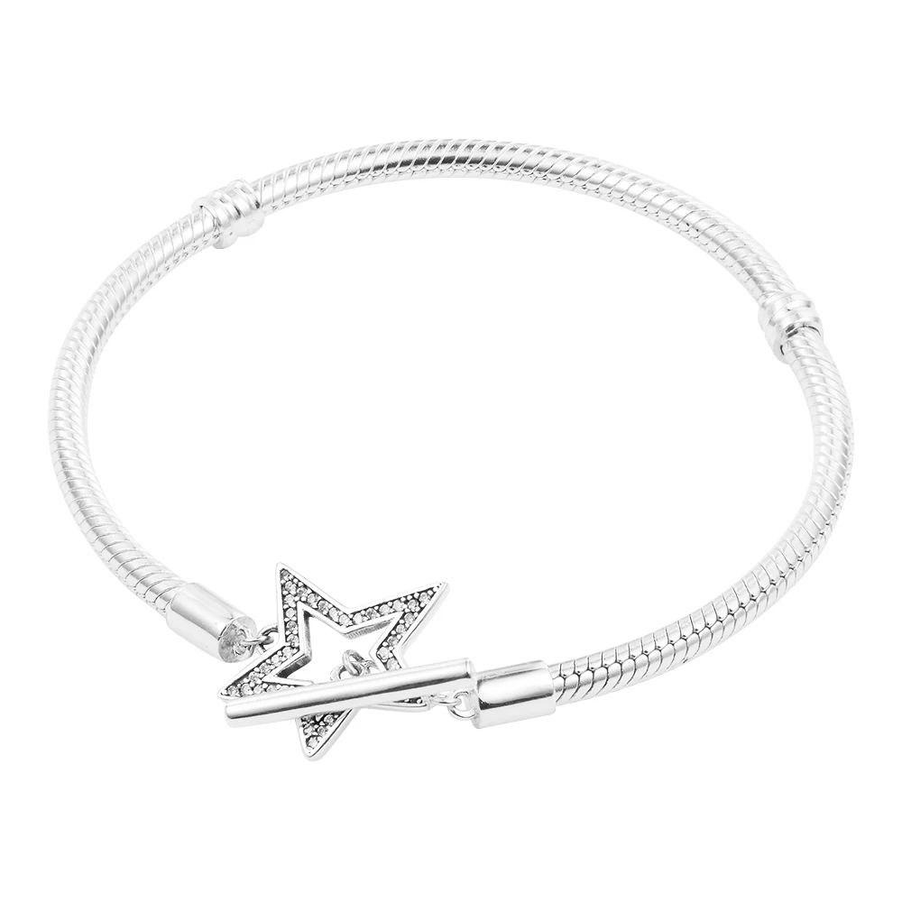 

Asymmetric Star T-bar Snake Chain Bracelet 925 Sterling Silver Bangles & Bracelets for Women Fit Original DIY Charm Jewelry