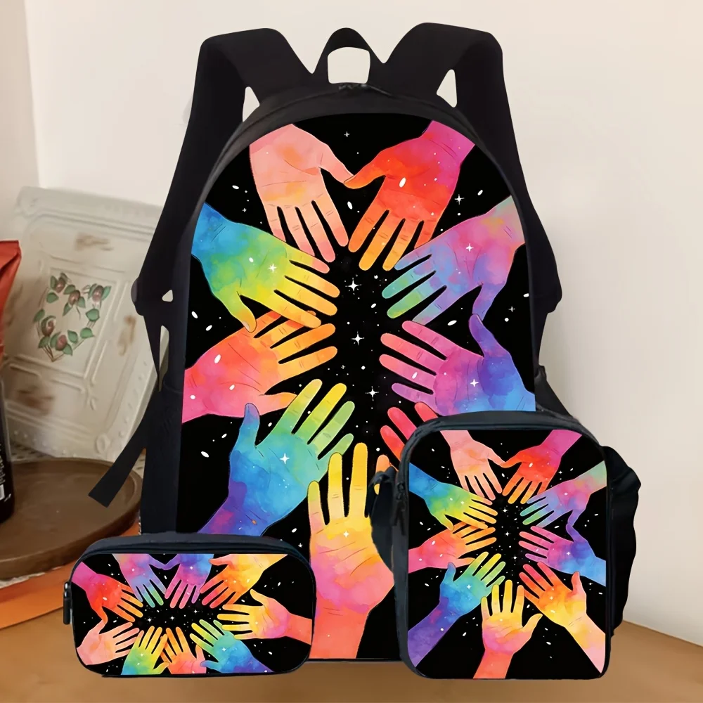 

3pcs 2D Flat Backpack Three-Piece Set with Colorful Rainbow Symmetrical Hand Star Pattern Print Suitable for Daily School Travel