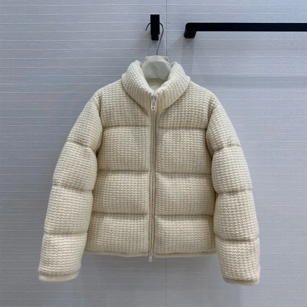 New Fashion Winter 90% White Goose Down Coat Women Wool Blends Knitted Striped Stitching Beige Color Sweet Girl Warm Jacket