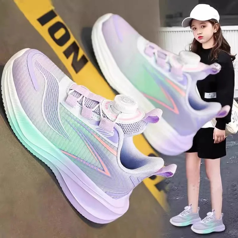 2026 New Girls Running Shoes Summer Soft Sole Rotating Buckle Sneakers Light Breathable Wear Resistant Kids Footwear Outdoor