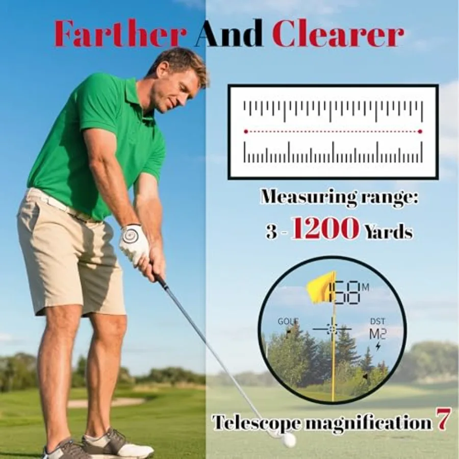 トーナメントで合法的に使用できる傾斜補正と旗竿ロック機能付きゴルフ距離計、振動機能搭載、1200ヤード測定範囲、7倍拡大、充電式