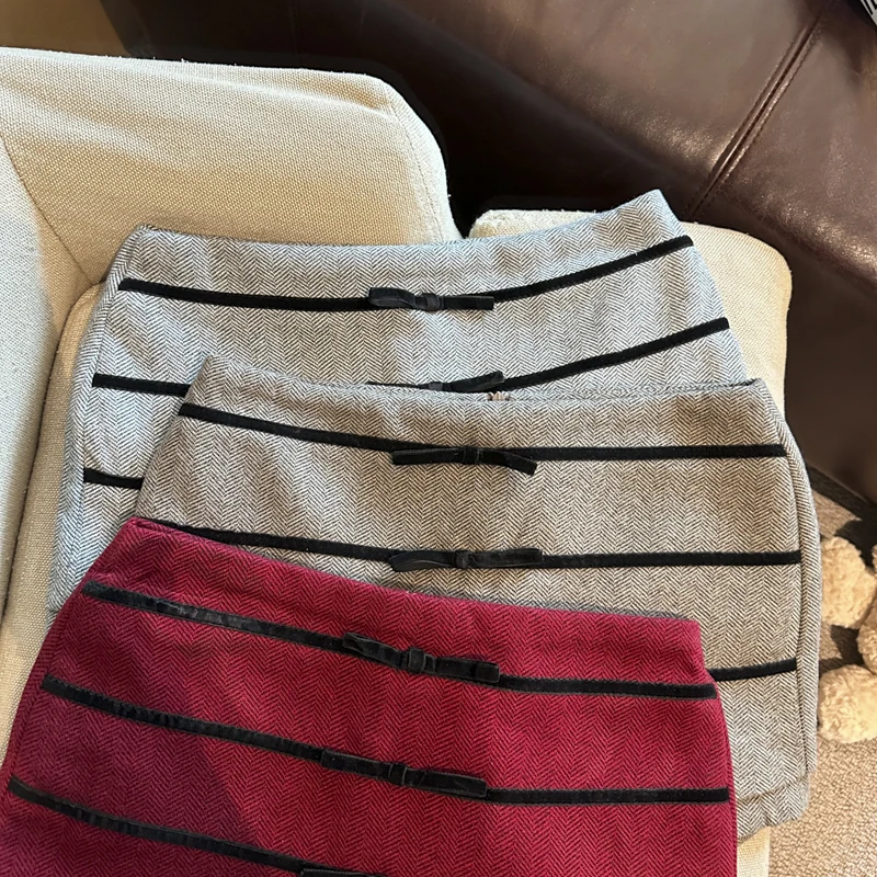Women's Striped Mini Skirt Vintage Woolen Short Skirt Harajuku Korean Style Y2k Burgundy Wrap Skirt 2000s Spring Autumn Clothes
