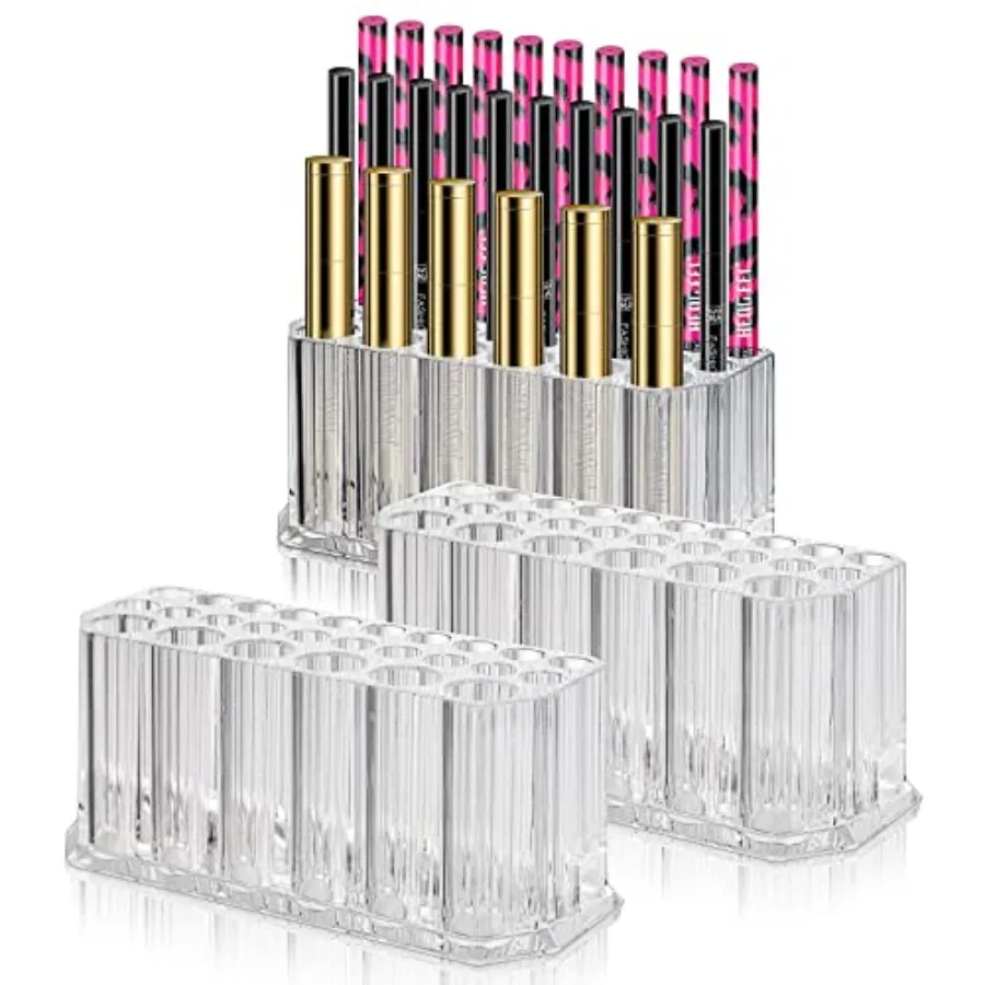 ที่ใส่ดินสอเขียนขอบตาและปากอะคริลิคใสแบบ 3 ชิ้น พร้อมช่องเก็บ 26 ช่องสำหรับแปรงแต่งหน้าและดินสอ เหมาะสำหรับเครื่องสำอาง