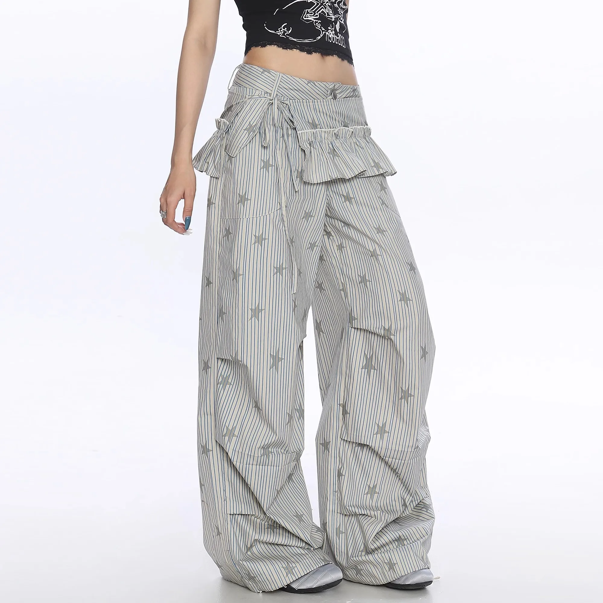 Women's Casual Striped Woven Star Print Wide Leg Pants Casual Stylish Full Length Trousers Y2K Clothes Streetwear