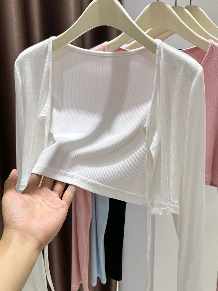 

White Modal Wrap oulder Thin Summer Sun Protection ort Coat Women's Korean Sle Loose Fit Long Sve Low Collar Cardigan