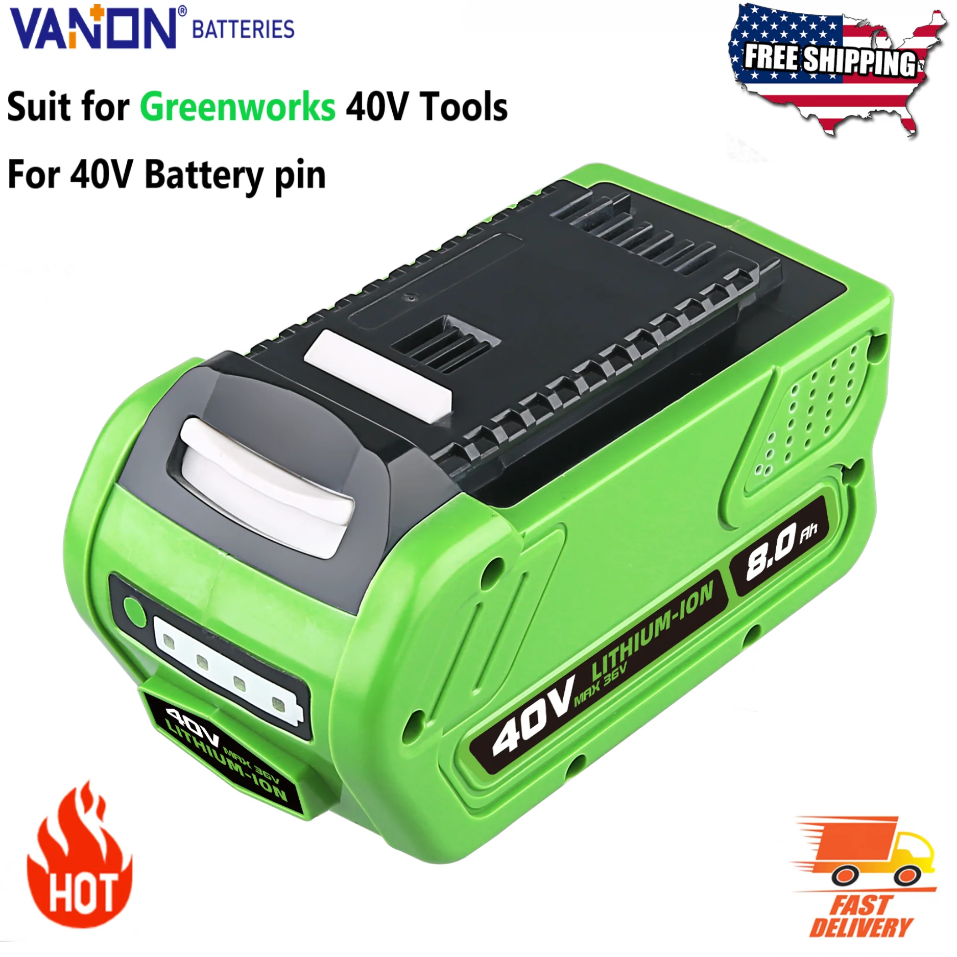 

Батарея VANON 8,0 Ач, 40 В, замена батареи Greenworks G-MAX для 29472 29462 29252 20202 22262, литий-ионный аккумулятор для беспроводного электроинструмента