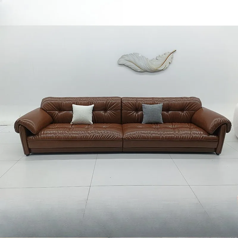 French retro leather sofa first layer cowhide Italian minimalist pine straight row small apartment elephant ear sofa