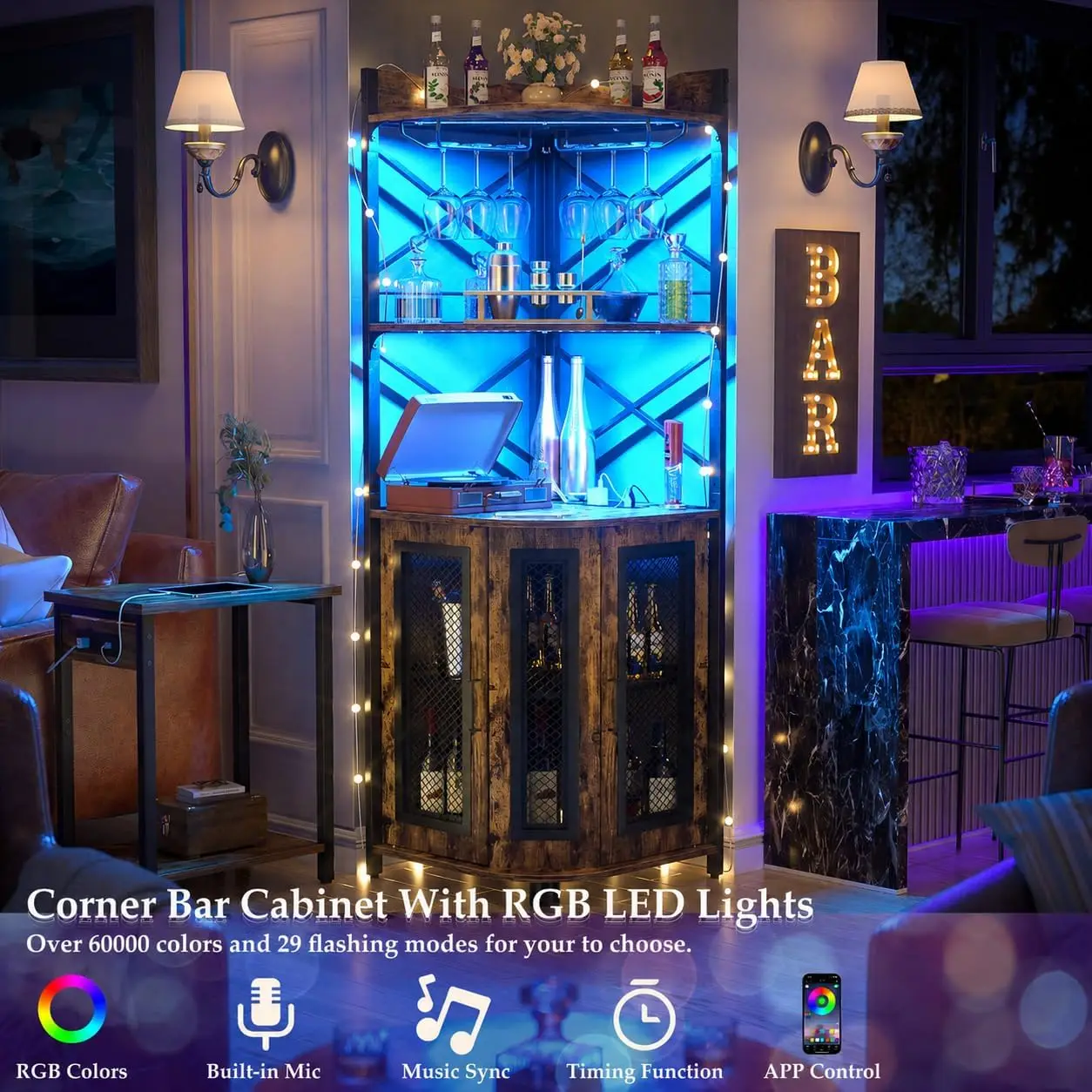 Corner Bar Cabinet with Power Outlet, Industrial Wine Cabinet with LED Strip and Glass Holder, 5-Tiers Liquor Cabinet Bar Unit f
