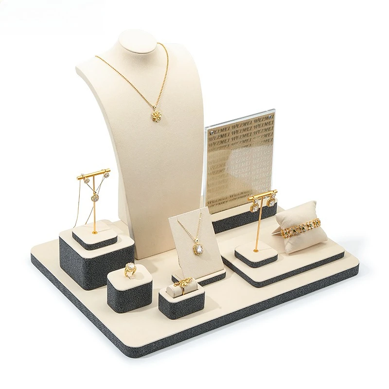Luxury Jewelry Display Stand Metal Frame with Cream Microfiber Ring Earrings Pendant Necklace Display Cabinet Set