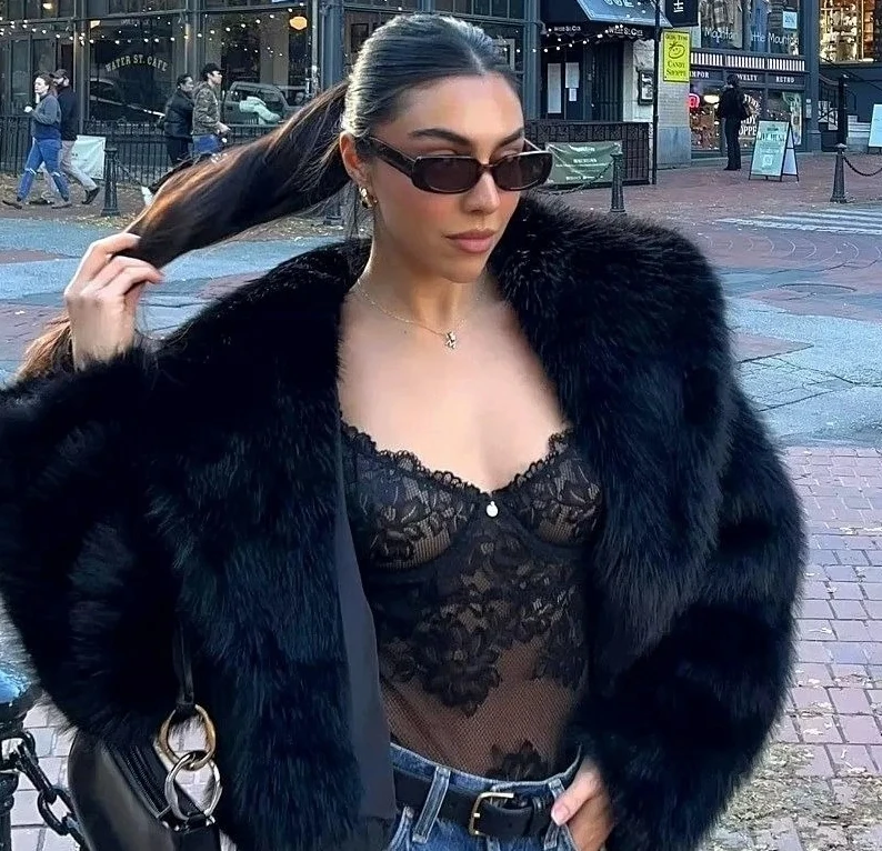 موضة تقليد معطف فرو الثعلب المرأة الخريف الشتاء سترة قصيرة فو الفراء معطف الشارع الشهير بلوزات فضفاضة الإناث #2