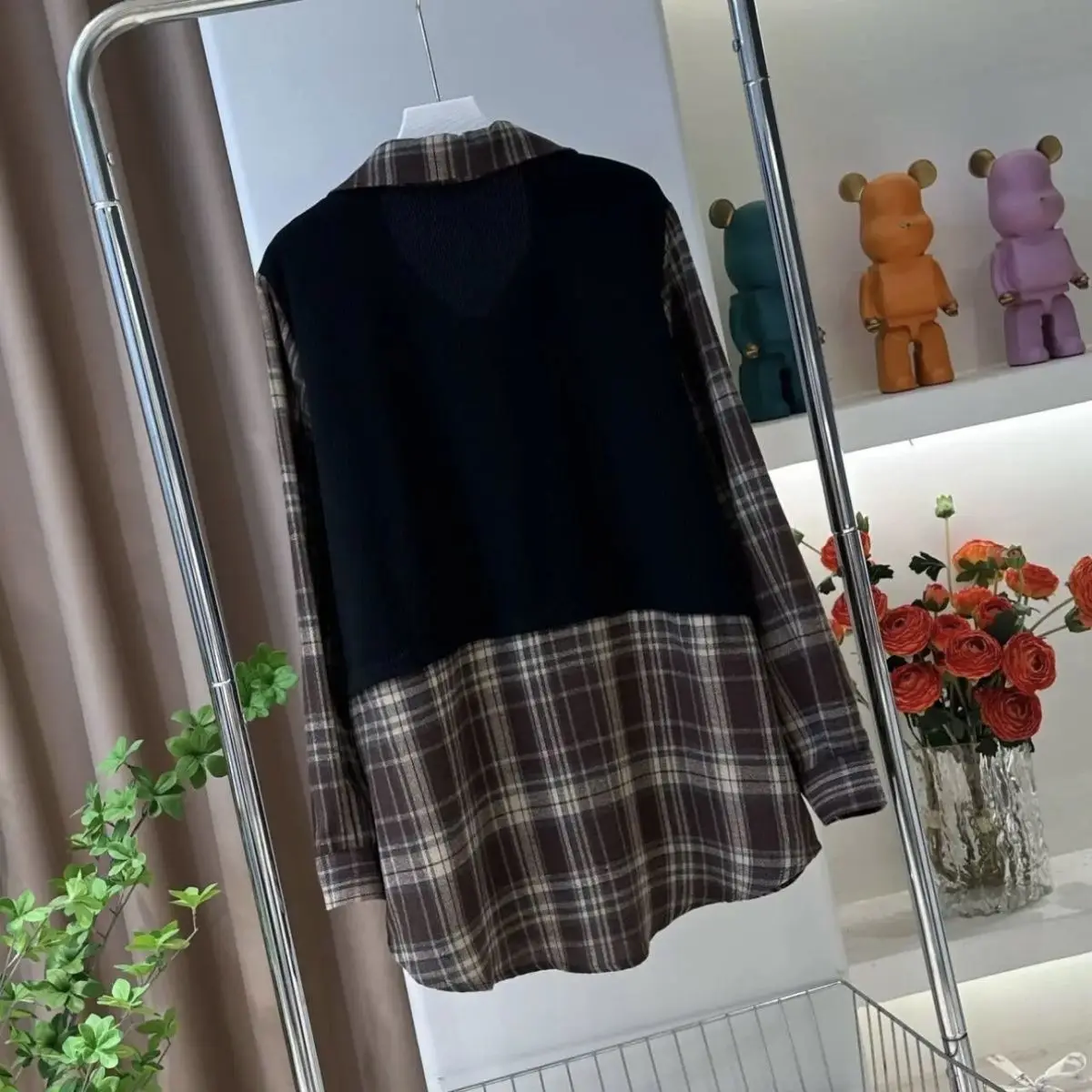 Spring Autumn Plaid Fake Two Piece Shirt Loose Versatile Midi Length Casual Lapel Top Women's Sweet Bow Long Sleeved Blouse