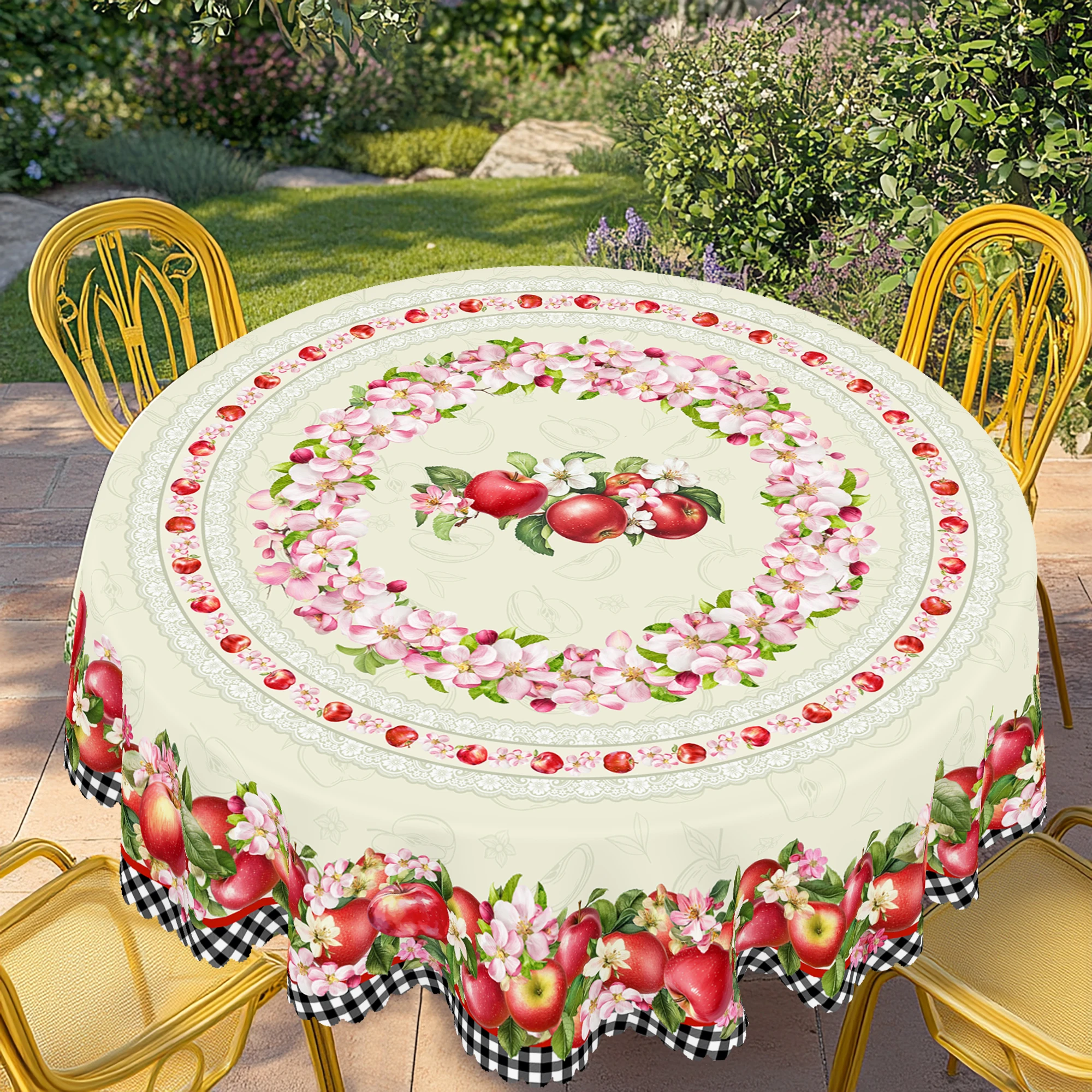 1 Piece of Spring and Summer Fruit Round and Rectangular Tablecloth, Available in Various Sizes, Red Apple Flower Plaid Pattern Printing Design, Tablecloth for Home Kitchen, Picnic, Camping Style, Best Gift