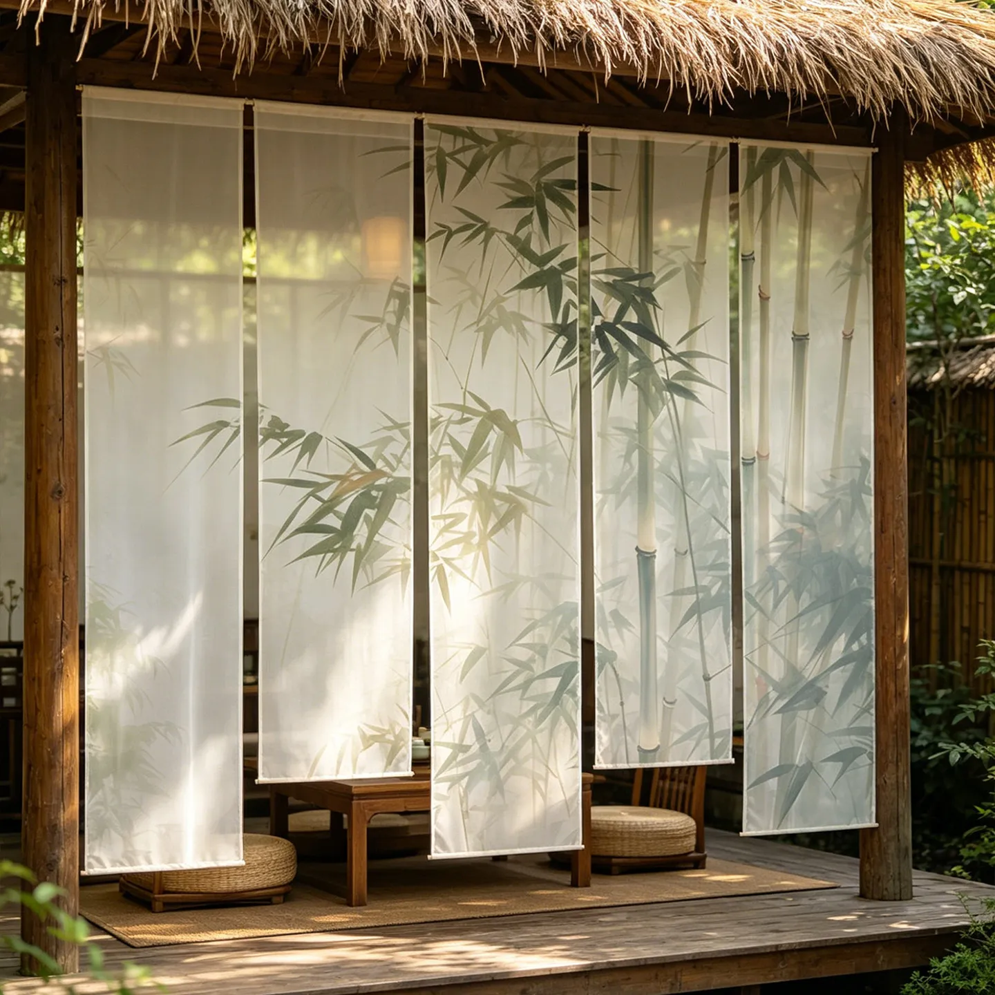 Bamboo Sheer Curtain Room Divider – 5 Panel Chiffon Drape, Semi Transparent Privacy Screen for Patio, Porch & Living Room Decor