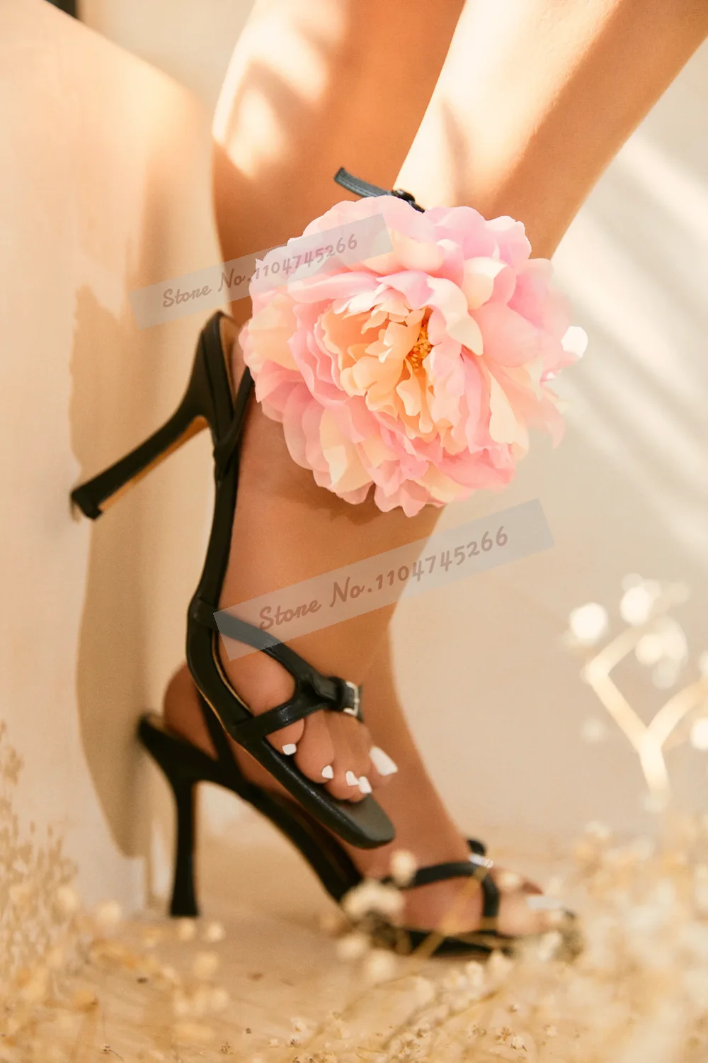 

Big Pink Flower Decorated High Heel Sandals Black Matte Square Toe Dress Shoes Buckle Strap Blossom Bride Shoes Banquet Footwear