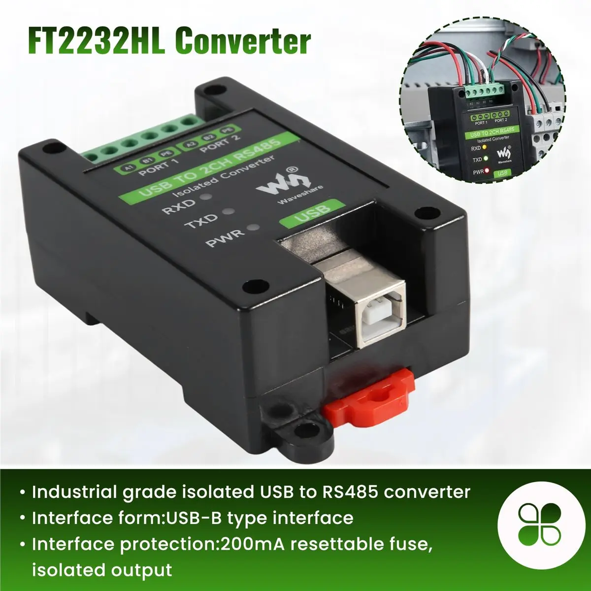 #45V Industrial Grade Converter,Waveshare USB to 2 Channel RS485 Industrial Grade Isolated Converter (ABS)
