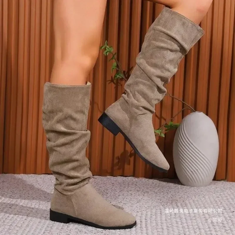 

Pile pile casual suede set foot western boots 2025 new high top round toe solid color thick heel fashion boots